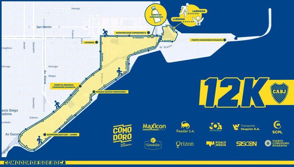 Mapa del circuito 12K de una edición anterior de La Carrera de Boca en Comodoro Rivadavia